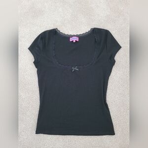 Edikted Black Priscilla Lace Trim T Shirt With Bow Size M